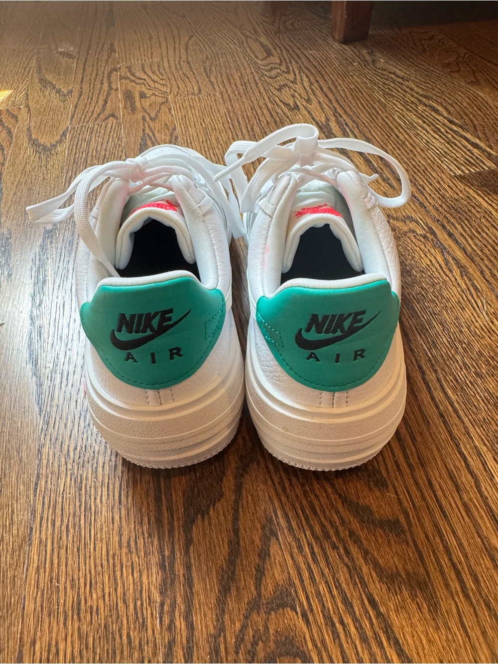 Nike White Leather Sneakers with Teal Heel and Pink AIR Accent - Picture 3 of 5